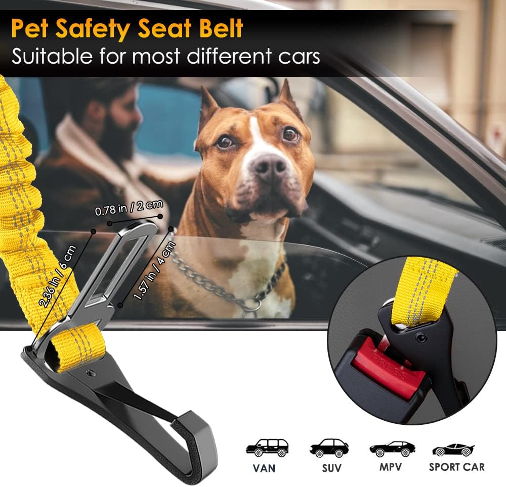 Dog Harness, Adjustable Dog Seatbelt, 2 in 1 Latch Bar Attachment, Reflective Nylon Belt Tether, Yellow, 27.55in | Hook Latch Bar& Seatbelt Buckle, Reflective, Heavy Duty Nylon, Durability, Easy of Use, for Travel Riding, Yellow, 27.5"