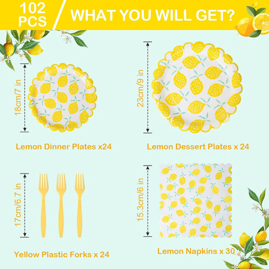 102 Pcs Summer Paper Plates Napkins Forks for 24 Guests,Lemon Party Decorations for Summer,Lemon Plates and Napkins for Birthday Decorations