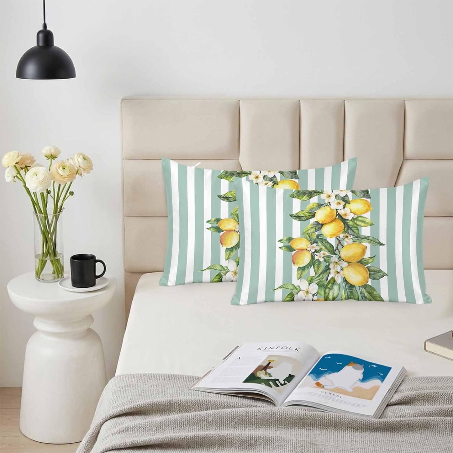 Yellow Lemon Floral Standard Pillowcase Set of 2, Sage Green Stripe Satin Pillow Case Cover with Smooth Hidden Zipper Closure, Soft Throw Pillow Covers Cases for Home Decoration 20 X 26 Inches