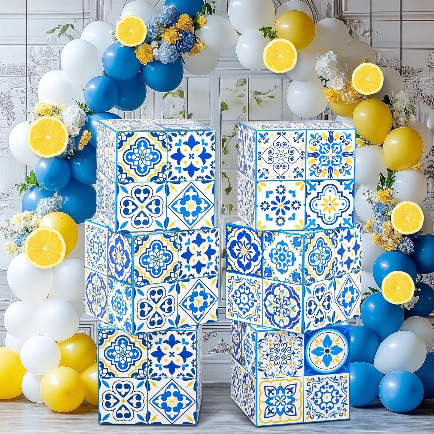6 Pcs 12" Amalfi Coast Party Boxes,Capri Lemon Party Decorations | 350g Rigid Cardboard,Pre Folded & Glue Free Assembly,Baby Shower Mediterranea Wedding Backdrop Tablescape & Risers
