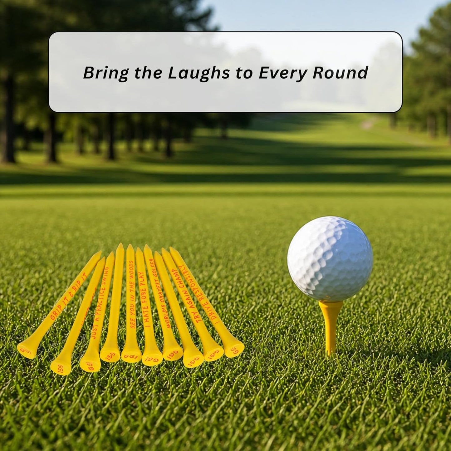 Funny Golf Tees, Novelty Golf Tee Gift Set, Bamboo 3 1/4" Tees with Hilarious Golf Jokes, Bright Yellow, Golf Gifts for Dad, Grandpa, Husband & Friends