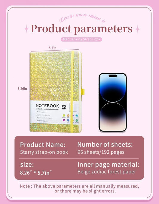 Bling A5 Notebook with Pen, Lined Journal Notebook A5 Notepad for Girls Women,Cute Heart Pattern Design Glitter Laser Diary College Ruled Hardcover Notebook for Work, Note Taking, Business (Yellow)