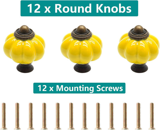 12pcs Lemon Yellow Pumpkin Knobs, Vintage Ceramic Cabinet Knobs | Dresser Knobs, Drawer Knobs, Door Knobs, Drawer Pulls, Dresser Handles with Mounting Screws