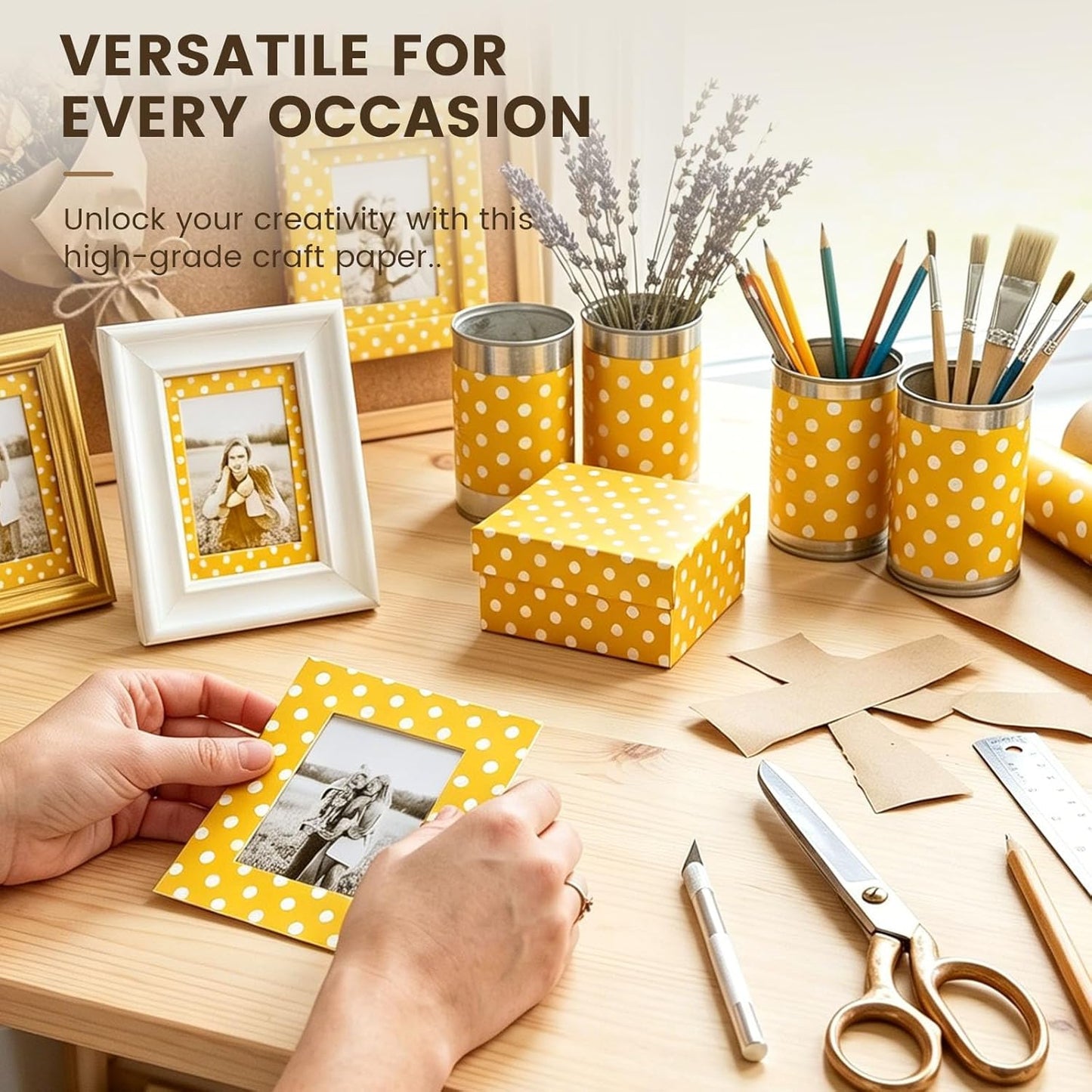 Yellow Reversible Wrapping Paper Roll, 17 inch X 33 Feet | Solid Yellow and Yellow-white Polka Dot Sides, Kraft Paper, for Small to Medium Gifts, Bouquets, Birthdays, and Baby Showers