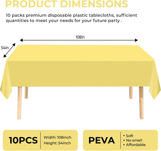 10 Pack Premium Disposable Plastic Tablecloth 54" X 108" Rectangle Table Cover for Birthdays Weddings Christmas Anniversary Buffet Table (Light Yellow)