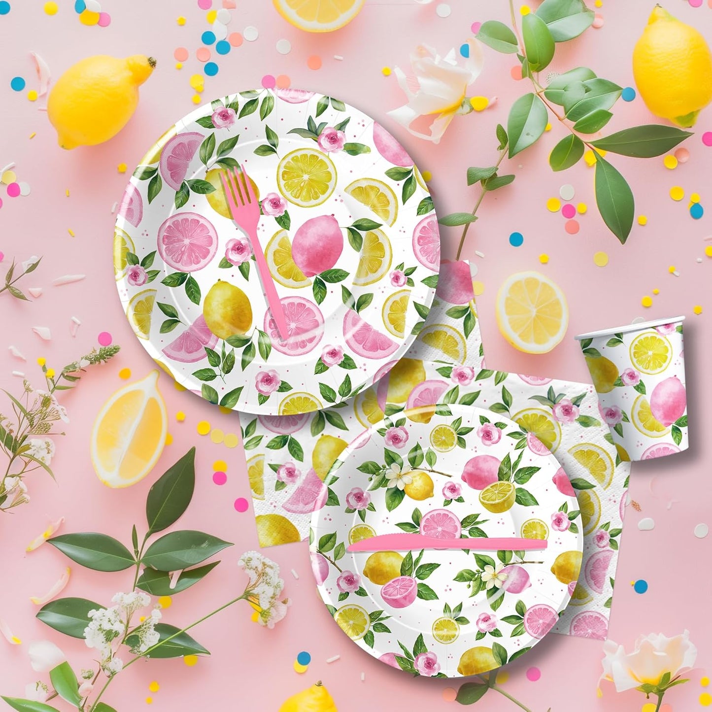 Lemon Party Decorations Tableware For Girls, Summer Pink Lemon Birthday Party Supplies, Disposable Paper Plate, Napkin, Cup, Cutlery, for Birthday Baby Shower Bridal Shower, 24 Guests