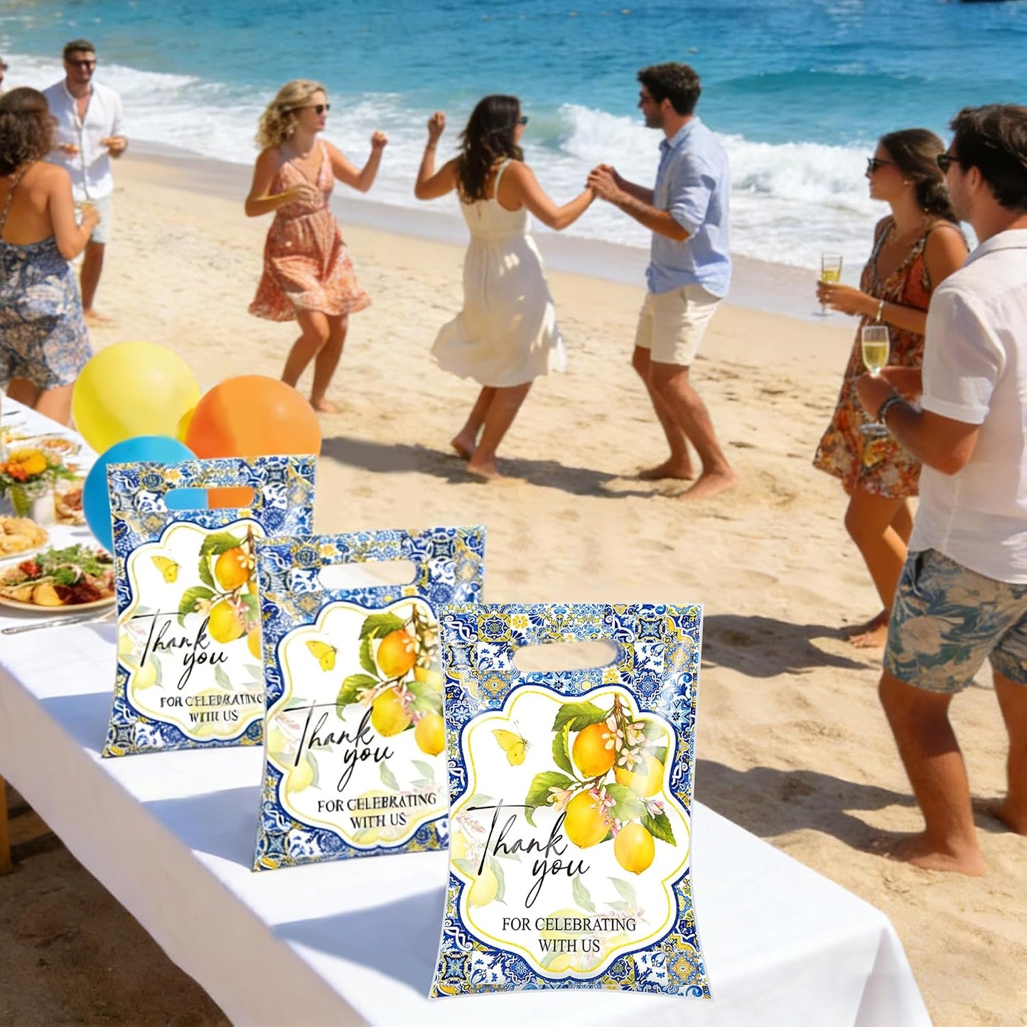 Capri Lemon Gift Bag - 50 Pcs Amalfi Coast Large Plastic Goodie | Treat Party Favors Candy Bulk with Handles Mediterranean Blue Tiles Decorations Decor Supplies for Birthday Bridal Shower