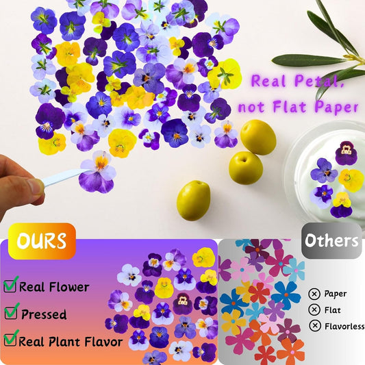 60 Pcs 10 Colors Natural Dried Pressed Edible Viola Tricolor Flowers for Cake Topper Decoration – for Cupcake Toppers Cocktails Resin Jewelry DIY Crafts (Purple)