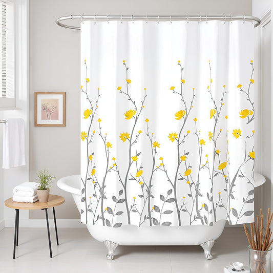 Yellow Flowers Bathroom Shower Curtain Yellow Floral with Grey Leaves Bath Curtain White Pattern Fabric Bathroom Accessories with 12 Hooks 72"x72"