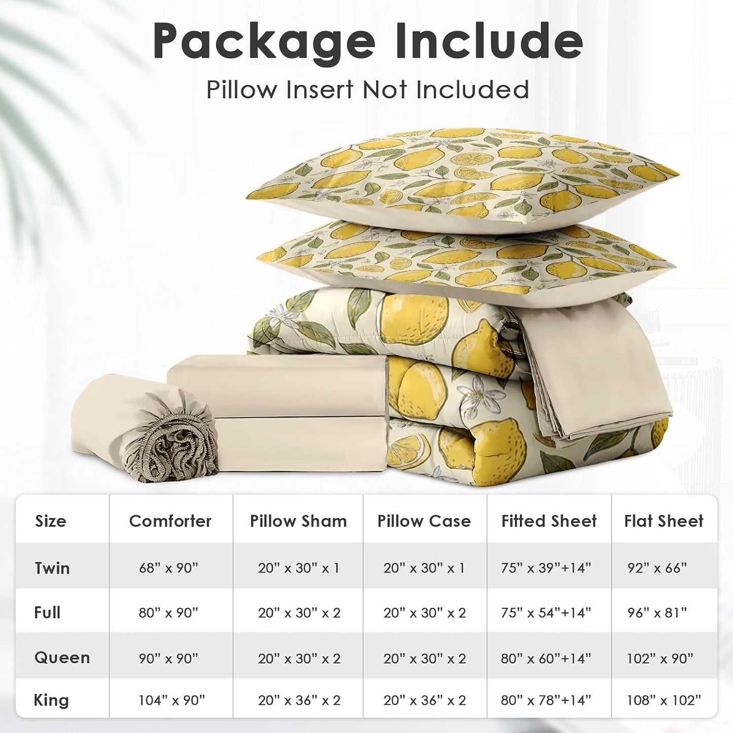 Comforter Set Full Size, Lemon Citrus Summer 7 Pcs Bedding for Kids and Adults, Yellow Botanical Bed Sheet Sets with Fitted Sheet 2 Pillowcases & 2 Shams for Bedroom Bed Decor