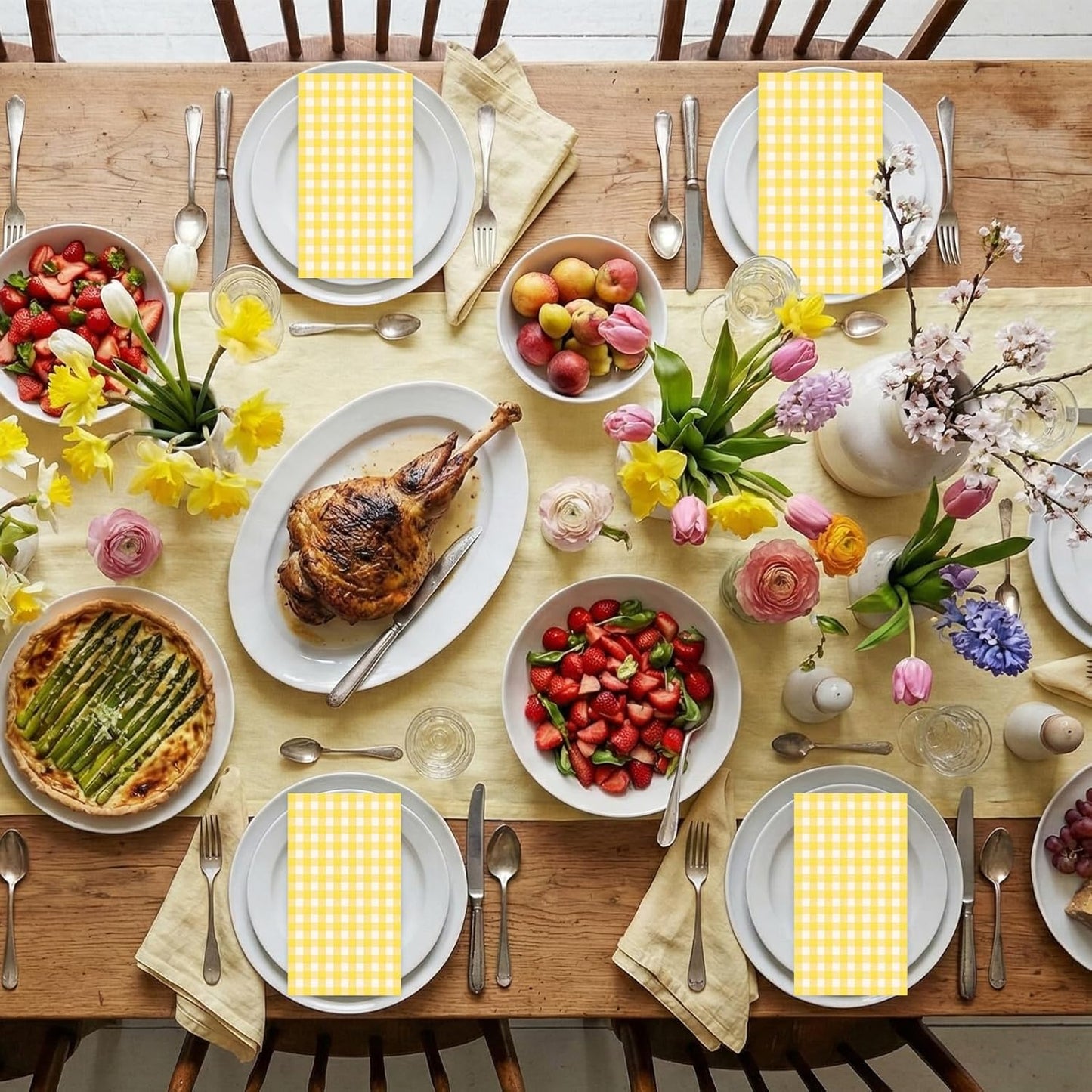 100 Pcs Yellow Gingham Napkins Disposable - Yellow and White Checkered Paper Napkins - Plaid Dinner Napkins for Picnic Golf Easter BBQ Birthday Wedding Party Supplies