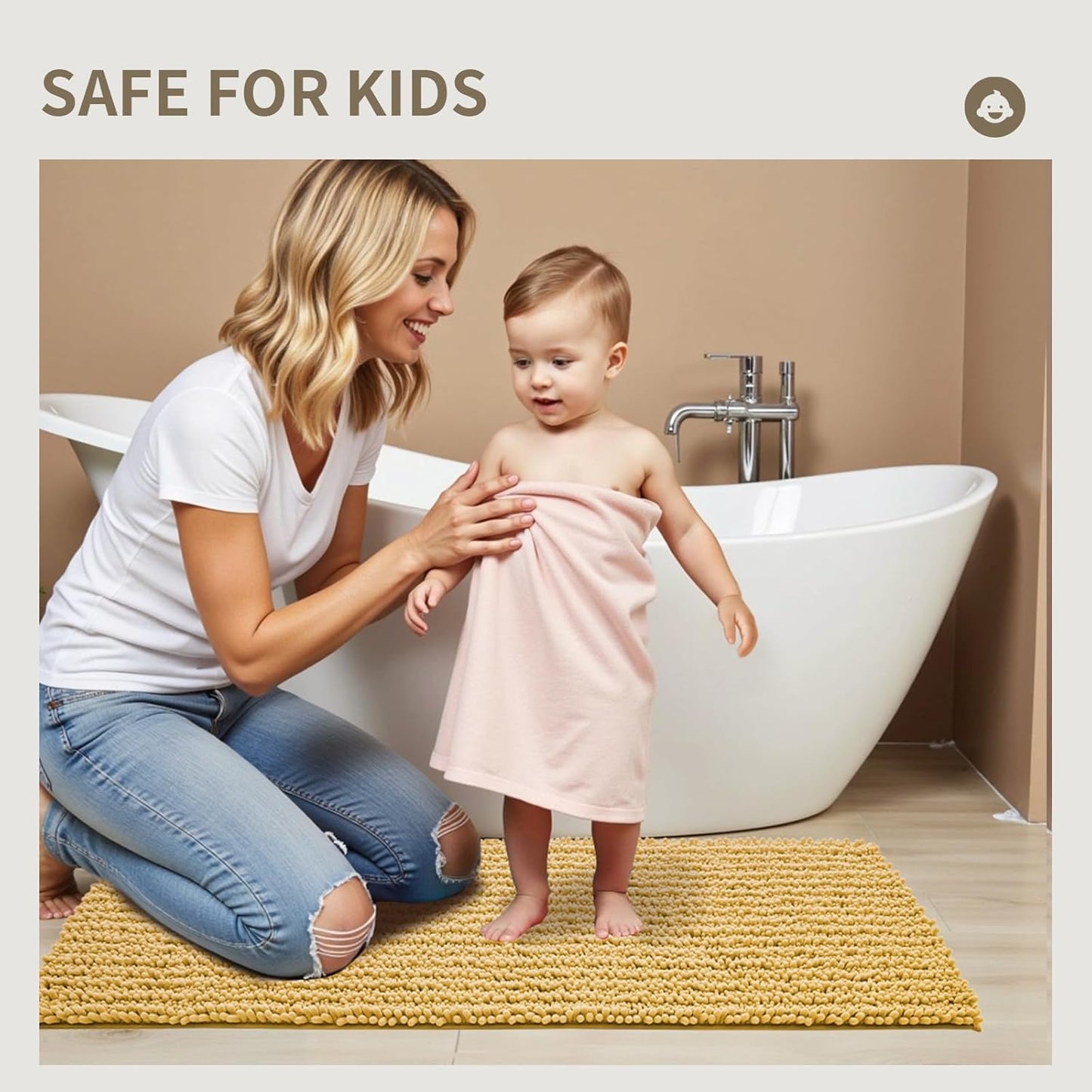 Bathroom Rugs Non Slip Washable 32x20, Extra Thick Soft Chenille Absorbent Bath Mat, High Density Barrier Non Slip Backing, Quick Dry Plush Shaggy Floor Carpet for Tub&Shower, Yellow