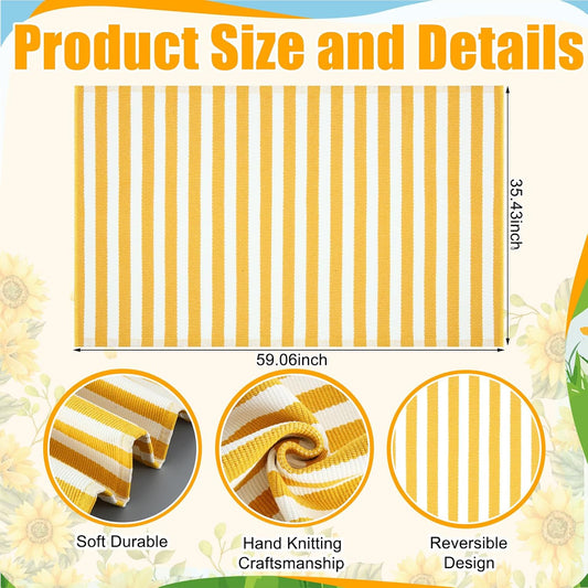 Yellow and White Summer Striped Rug 3' x 5' Outdoor Front Porch Door Mat Polyester Washable Entryway Rug for Home Farmhouse Decor