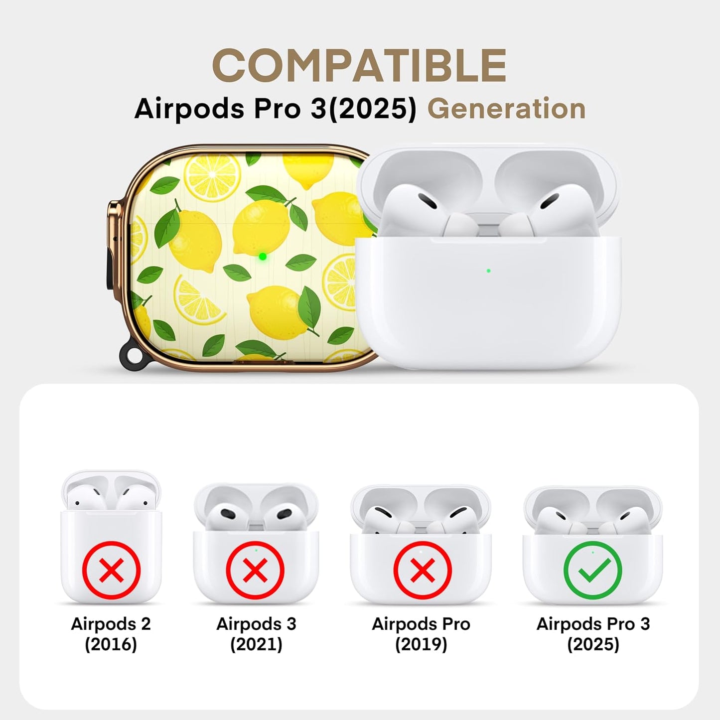 for AirPods Pro 3rd Case with Safety Lock,Magsafe Compatible,Lemon | Double Secure Lock,Drop Protection,Two-Piece Design,with Gold Keychain, Anti Lost, Dustproof, Cute AirPods Pro 3 Case