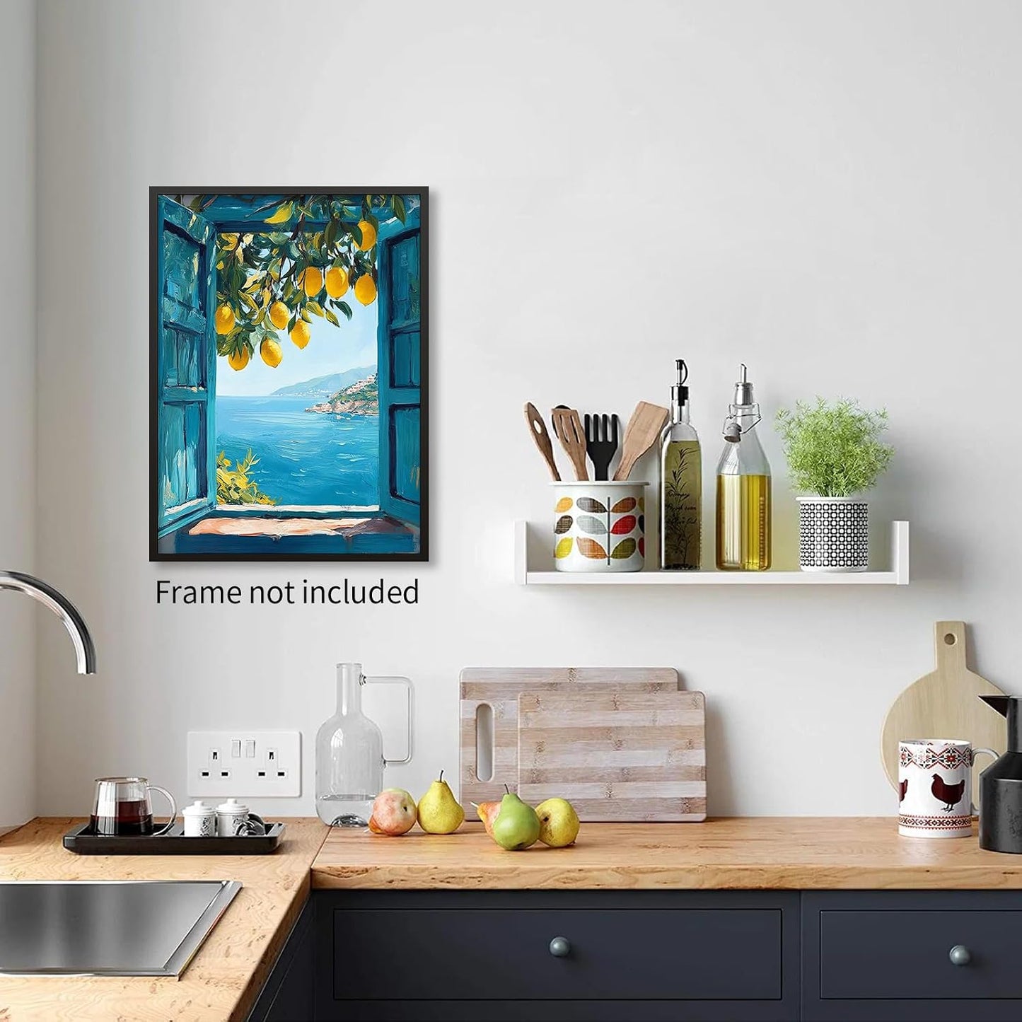 Mediterranean Window View Wall Art Coastal Lemon Tree Canvas Prints Blue Seascape Posters Modern Nature Landscape Pictures for Bedroom Living Room Office Decor 12x16 In Unframed