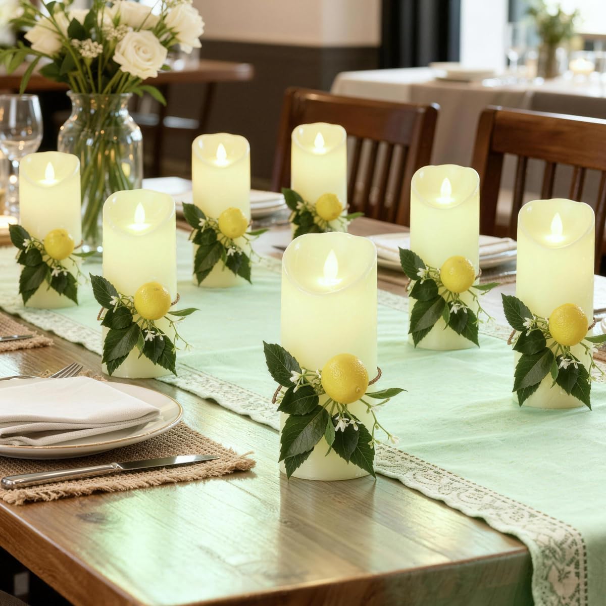2 Pcs Artificial Lemon Branches, Faux Lemon Decor Stems with Green Leaves & White Flowers, Plastic Fake Lemon Picks for Table Centerpiece, Wedding, Kitchen, Home Party Decoration