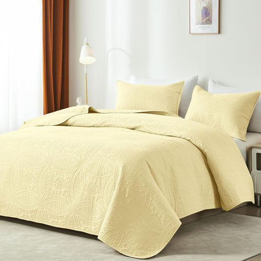 Butter Yellow Twin Quilt Set,Ultrasonic Lightweight Bedspread Coverlet for Modern Minimalist Bedroom,Soft Microfiber Coin Pattern Bedding,2-Piece (1 Quilt,1 Pillow Sham)