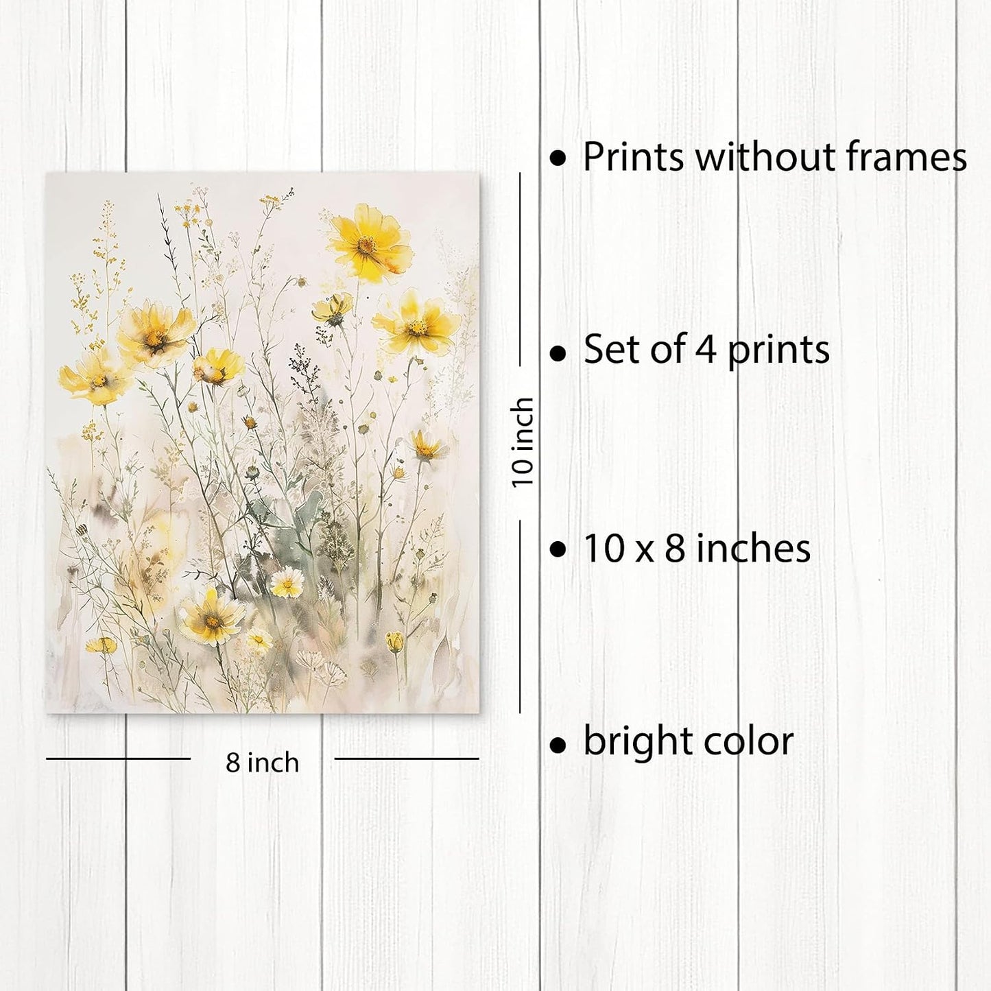 Summer Floral Wall Art Prints Set of 4, Summer Yellow Daisy Flower Wall Posters Decor for Farmhouse Home Living Room Porch Patio, Floral Poster Prints (8x10 Inches UNFRAMED)