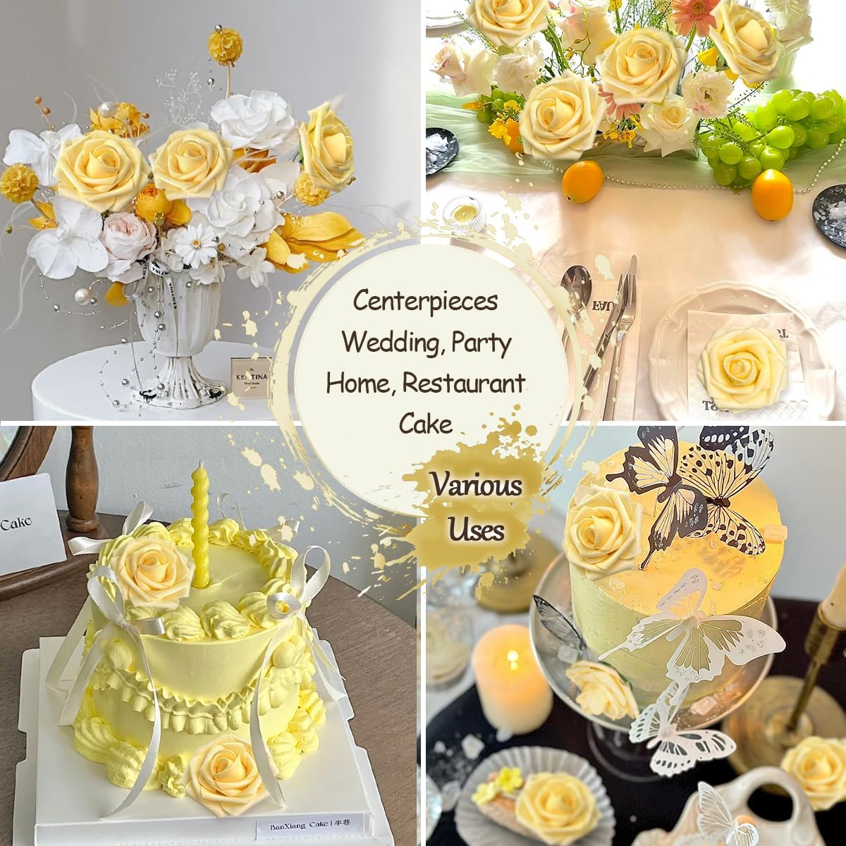 50pcs Artificial Flowers Light Yellow Foam Fake Rose with Stems 12 Leaves Real Looking Faux Roses Wedding Bouquets Bridal Shower Centerpieces Arrangements Party Tables Decorations DIY Creamy Yellow