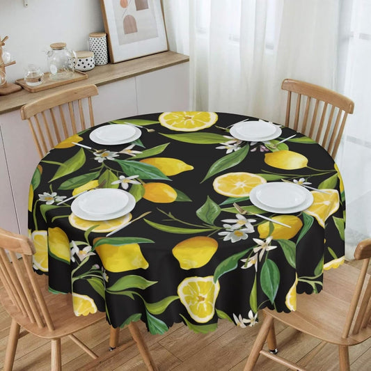 Lemon Fruits Floral Round Tablecloths 60 inch Fresh Lemon Black Table Cloths Vintage Lemons Circle Tablecloth for Party Juicy Fruit Blossom Table Cover for Dining Kitchen Patio Home Decor