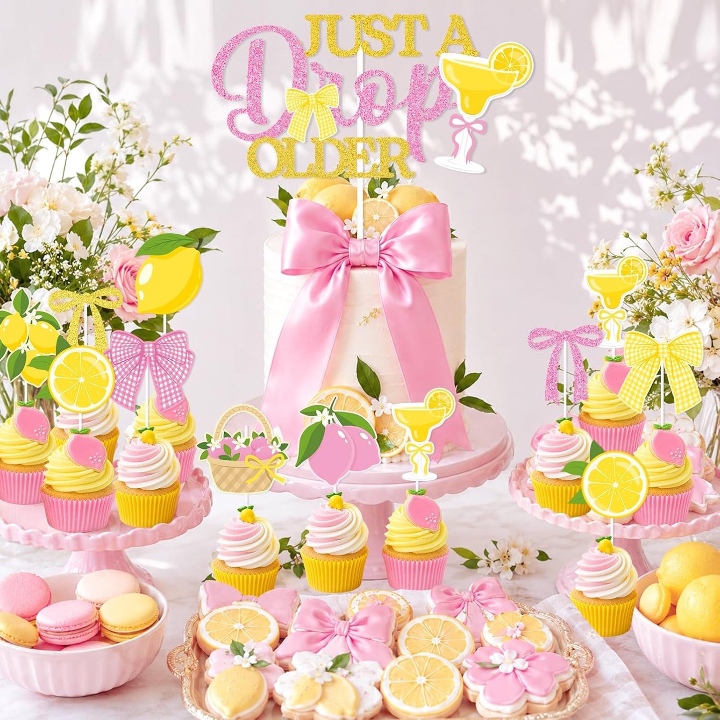 Lemon Party Decorations,Just a Drop Older Banner Yellow and Pink Lemonade Birthday Decorations Latex Balloons Bow Cake Topper for Women Birthday Bridal Shower MartiniParty Supplies
