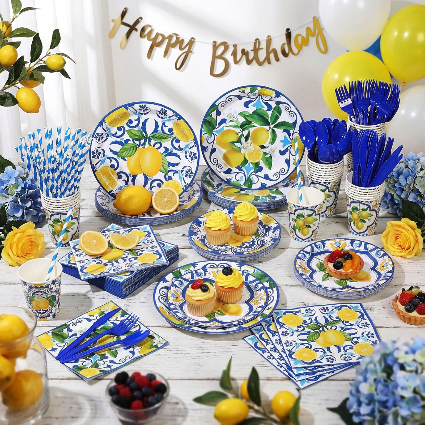 450 Pcs Capri Lemon Party Tableware Set Decorations Mediterranean Blue and Yellow Paper Plates Napkins Cups Cutlery Straws for Summer Birthday Wedding Baby Bridal Shower Supplies, Serves 50