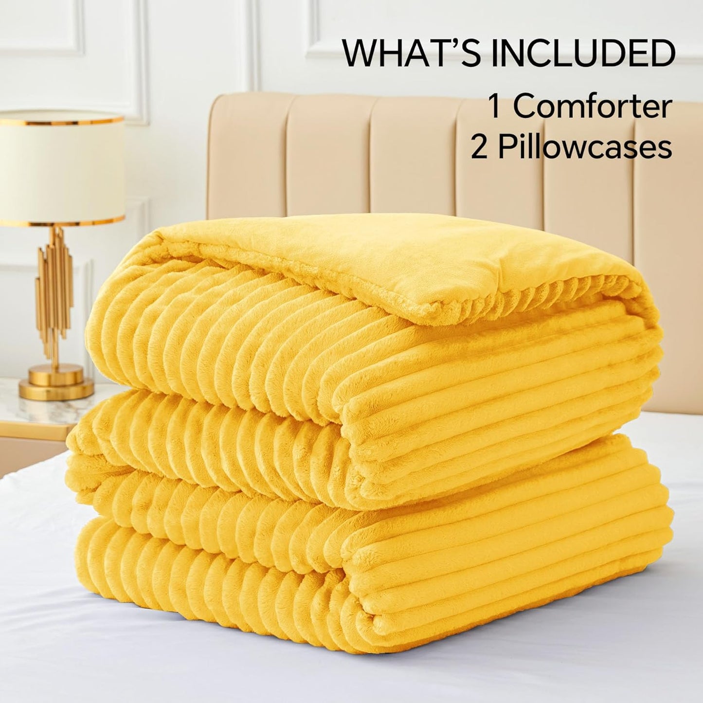 Fleece Queen Comforter Set -Super Soft & Warm Fluffy Bright Yellow Bedding, Luxury Fuzzy Heavy Bed Set for All Season with 2 Pillow Cases