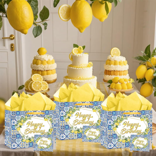 Capri Lemon Birthday Gift Bags Blue Tiles Gift Wrap Bag with Tissue Paper and Greeting Card Yellow Lemon Happy Birthday Wrapping Paper with Handle for Summer Lemon Bday Party Supplies Decorations
