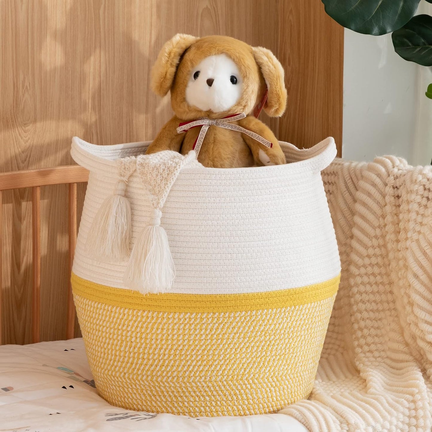 Woven Baskets for Storage(17"x17"),Large Cotton Rope Woven Baby Laundry Hamper,Collapsible Laundry Basket, Blanket Basket for Organizing Living Room,Nursery,Pillows,Toy Chest(Yellow)