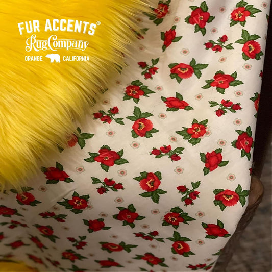 Fur Accents Shag Faux Fur, Yellow, Gold, Throw Blanket withFloral Print Minky Cuddle Lining, Bedspread, Throw, Comforter, Plush Shaggy Soft Fur, Hand Made to Order USA (Twin Size)