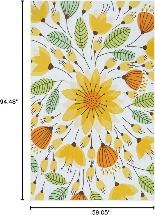 Floral Indoor Outdoor Rug, 5x8ft Non-Slip Outdoor Patio Rug for Camping Picnic, Portable Outdoor Carpet for Balcony Deck Backyard, Large RV Outdoor Rugs for Living Room Bedroom,Yellow