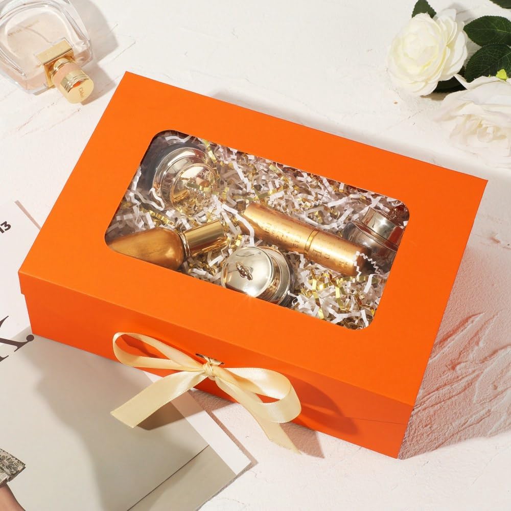 Orange Gift Box for Presents with Ribbon 10.8x7.5x3.5 Inches Clear Gift Box with Window Magnetic Closure Gift Boxes with Lids