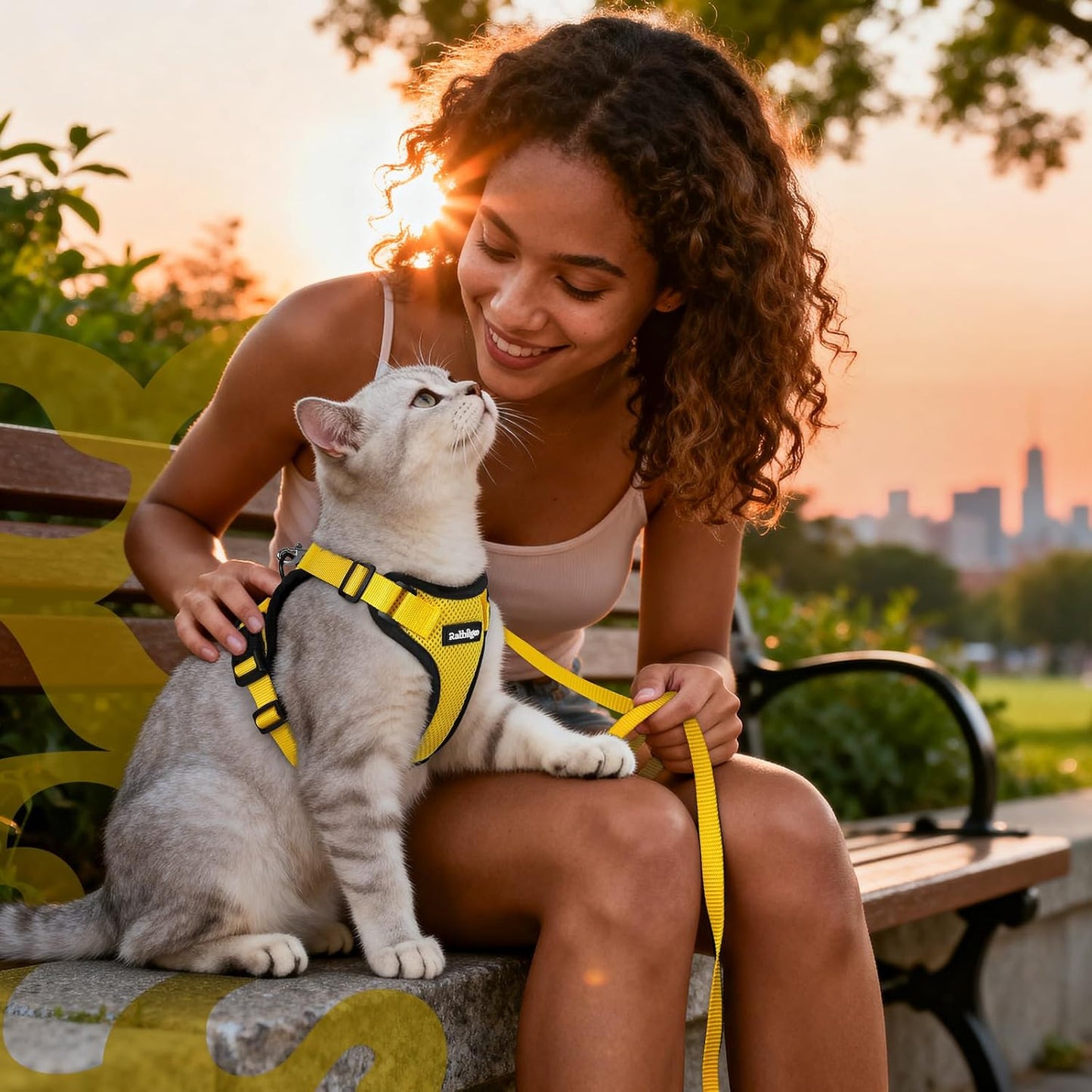Cat Harness and Leash Set, Escape Proof Vest, Yellow | Soft Breathable Mesh, Easy Adjustable Fit, Snap Buckles, Sturdy Clip, Reflective Strips, for Average Cats Walks, S