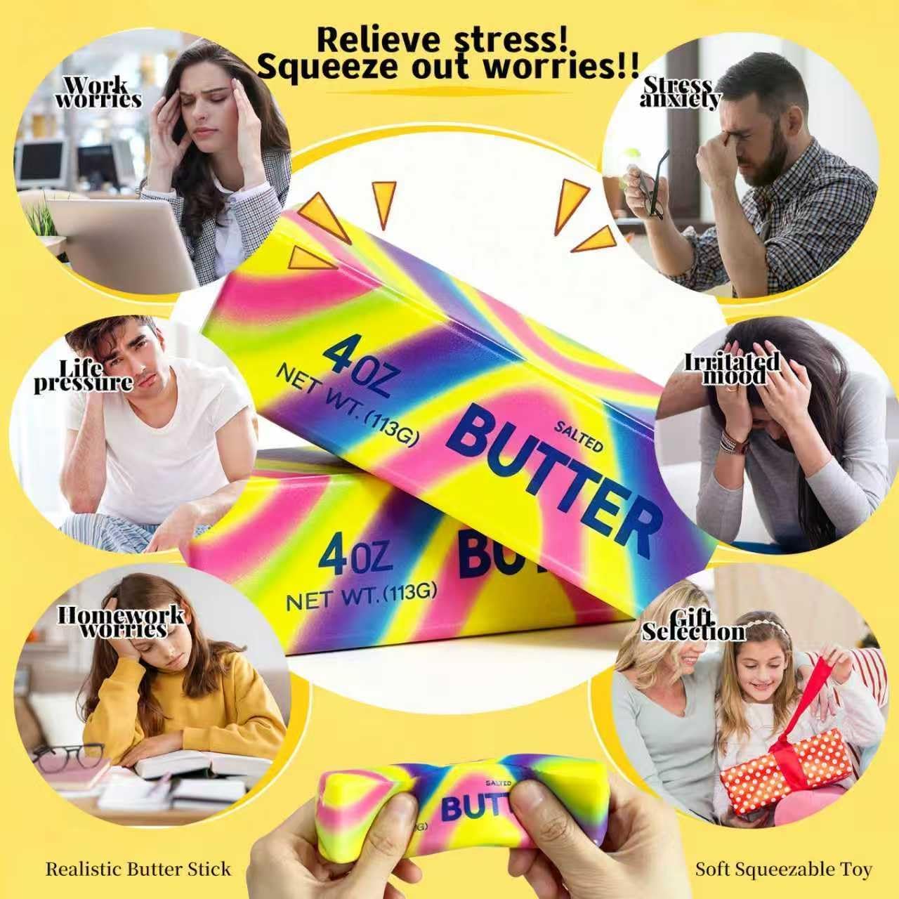 Butter Squishy, Rainbow Butter Squishy Stress Relief, Fidget Tool for Anxiety Management, Office Desktop Sensory Stimulation, Yellow Stick 14 x 4 x 4 cm