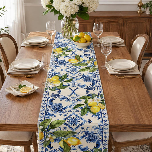 Lemon and Blue Floral Table Runner, 72 x 13 inches | Seasonal Kitchen Dining Table Decoration, Holiday, Housewarming Gifts, Home Party Birthday Wedding Decor
