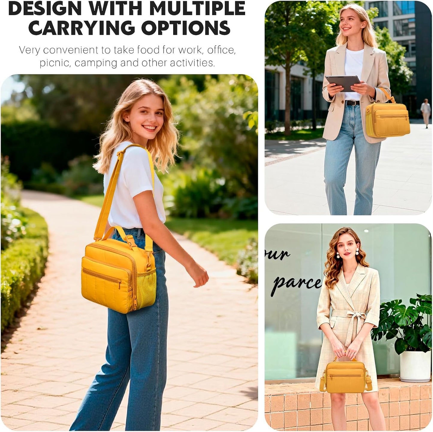 Lunch Bag for Women, 8L Quilted Cooler Tote – Lightweight, Waterproof, Reusable Puffy Lunch Box for Work & Office, Earth-yellow