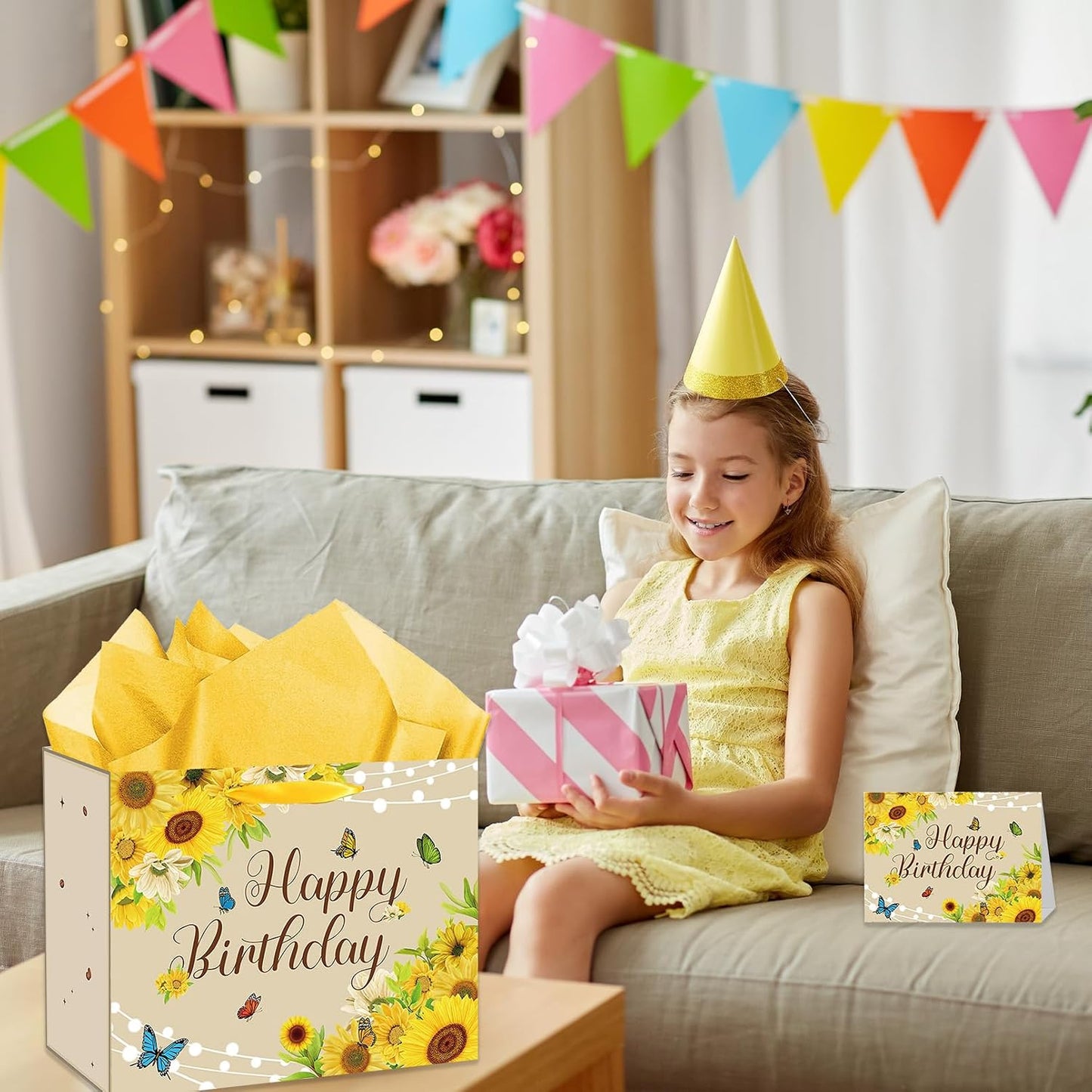 Large Sunflower Birthday Gift Bag, Yellow Happy Birthday Gift Bag with Card and Tissue Paper, Sunflower Bday Party Decorations for Women, Girls, Sunshine Bridal Shower Party Supplies