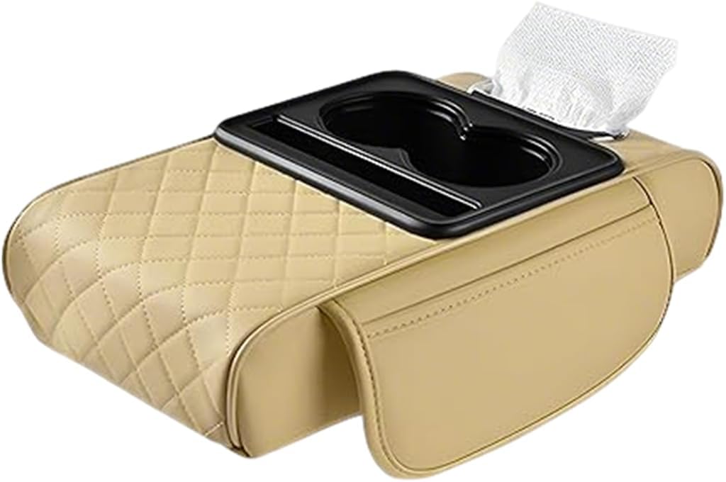 Car Center Console Pillow, 4 in 1 Memory Foam Leather Automotive Arm Box Pad Cover with Side Storage Bag Cup Phone Holder, Vehicle Tissue Box Armrest Cushion, Universal Fit (Beige Yellow)