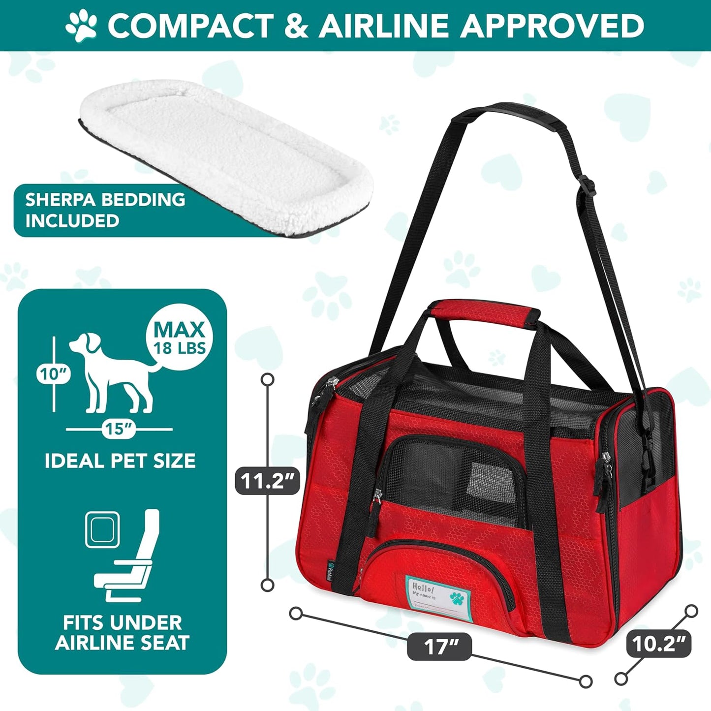 Airline Approved Pet Carrier for Cats & Small Dogs, Soft Sided TSA Travel Carrier Bag with Sherpa Bed, Breathable Mesh Ventilation, Collapsible Bowl, Up to 18 lbs, Small Heather Taupe