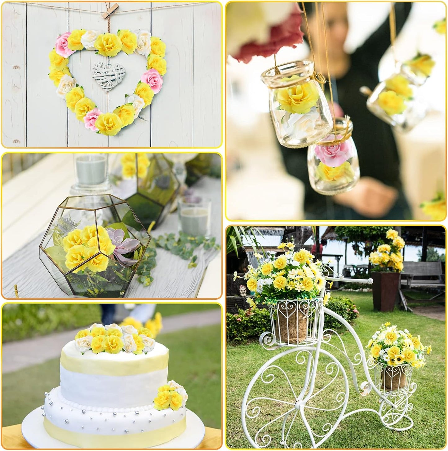 50pcs Mini Yellow Roses Artificial Flowers, 1.6" Silk Fake Roses | Small Faux Rose Buds Flower Heads for Decoration, Crafts, Cake Decor, Centerpieces, Home Decor