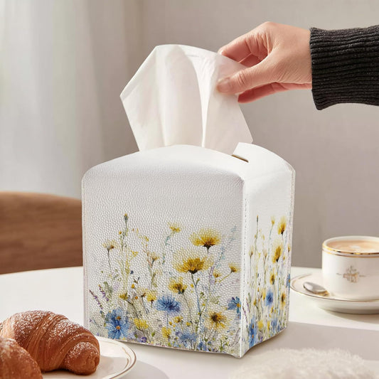 Tissue Box Cover - Yellow and Blue Flowers PU Leather Tissue Box Holder with Elastic Bottom Strap,5.2x5.2Inch Tissue Box Decor for Bathroom Countertop, Nightstand, Office Desk,Bedroom (Yellow-Flower)