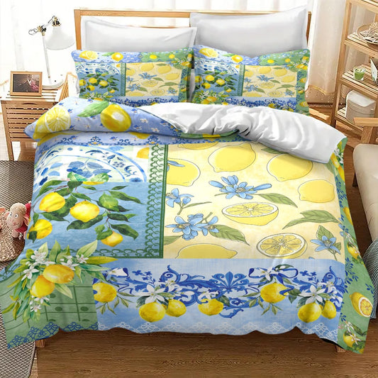 Lemon Bedding Set,Retro Patchwork Style Rustic Yellow Fruit Summer Plant Pattern Blue White Ceramic Tile Printed Comforter Set with Pillowcase for Bedroom Bed Decor,Twin 86"x70"