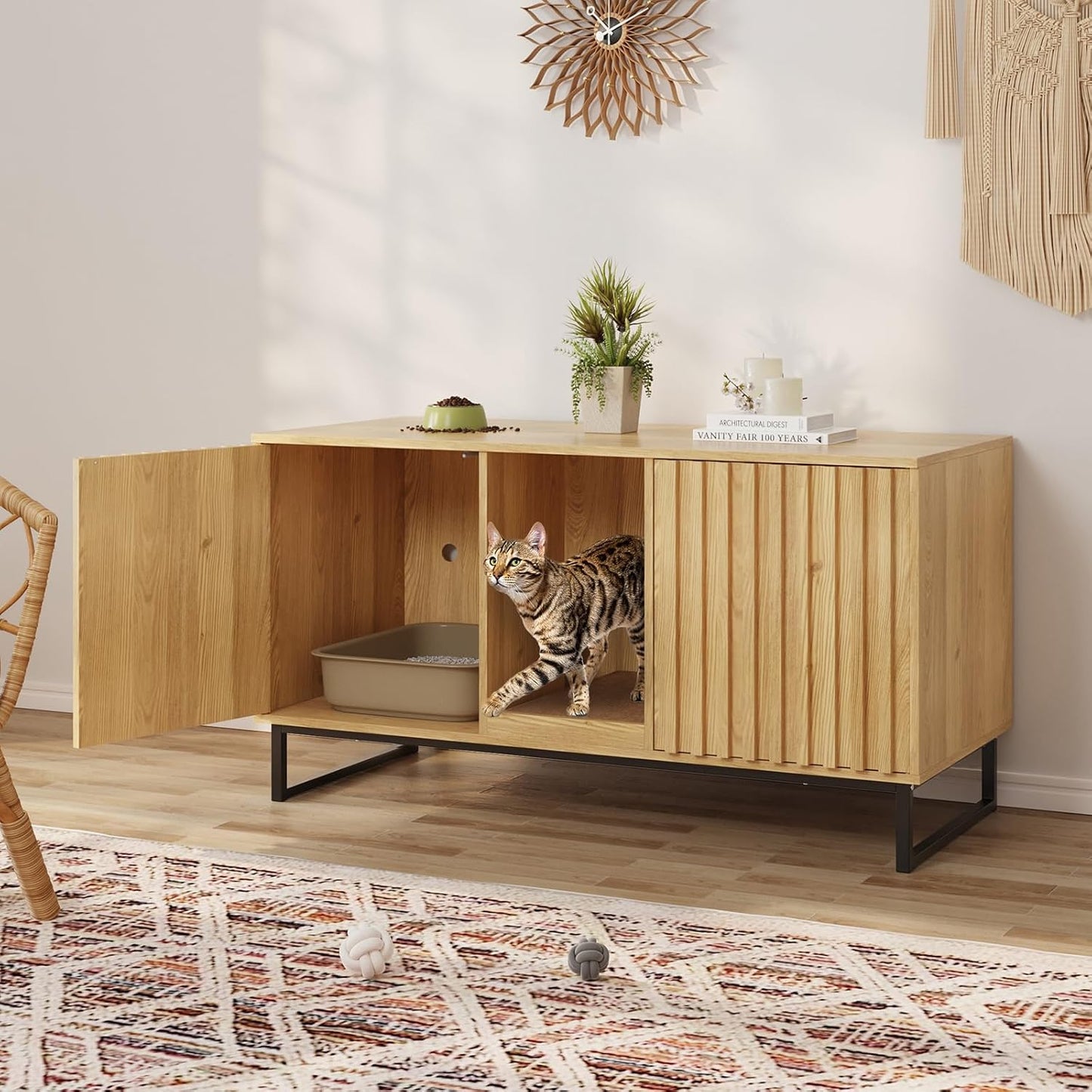 47.2” Large Cat Litter Box Enclosure with Scratch Pad, Double Hidden Wooden Indoor Cat House, TV Stand Side Table Pet Washroom Furniture for 2 Cats, Natural Yellow