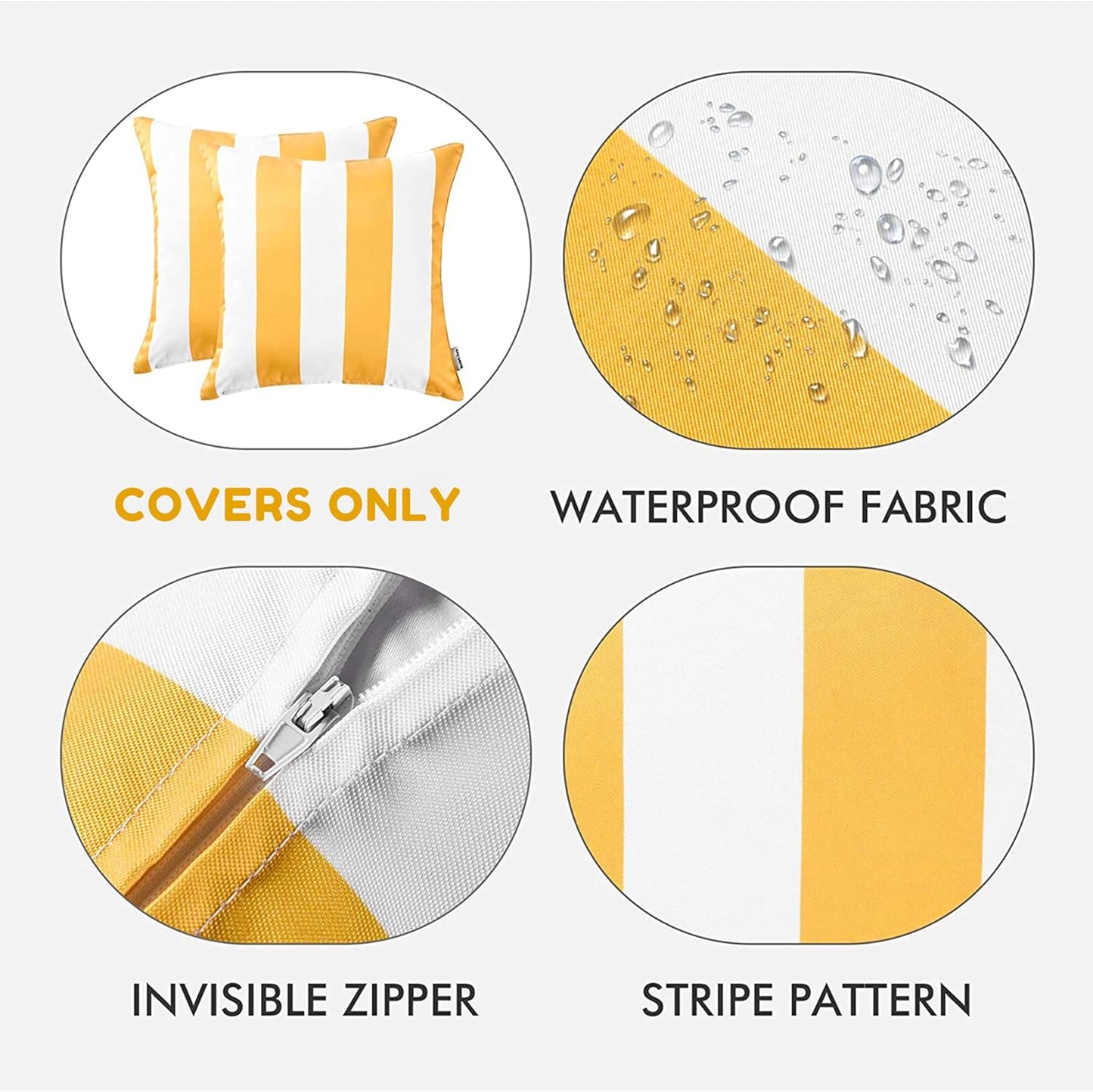Pack of 2 Decorative Outdoor Solid Waterproof Striped Throw Pillow Covers Polyester Linen Garden Farmhouse Cushion Cases for Patio Tent Balcony Couch Sofa 18x18 inch Yellow
