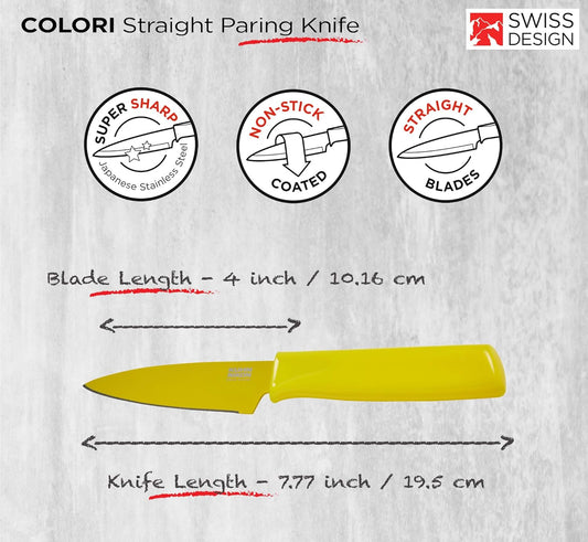 Colori® Paring Knife – 4 Inch Japanese Stainless Steel, Nonstick Blade, Ergonomic Handle & Sheath, Yellow