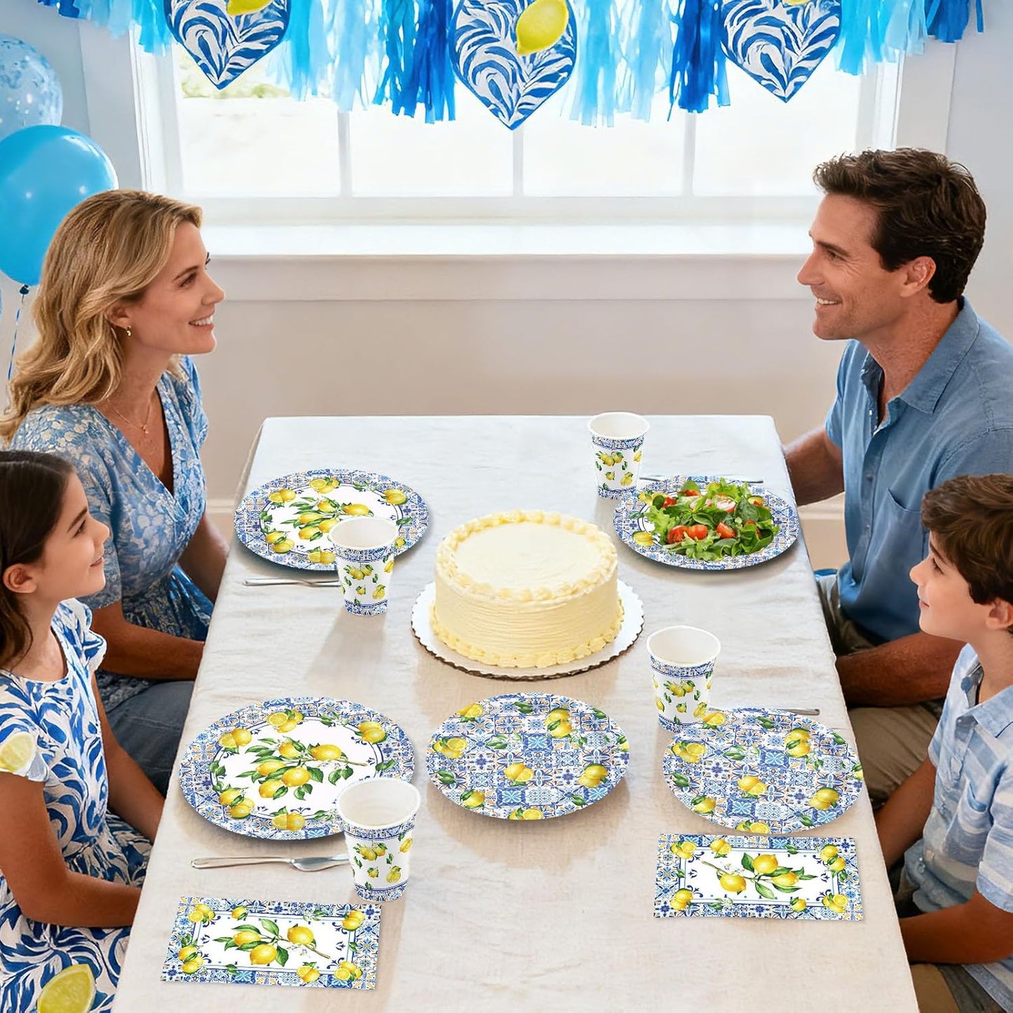 400Pcs Capri Lemon Party Decoration Blue Tiles Plates Napkins Cups Forks Knives Spoons Blue Yellow Lemons Disposable Tableware Set for Wedding Bridal Shower Italian Party Supplies Serves 50