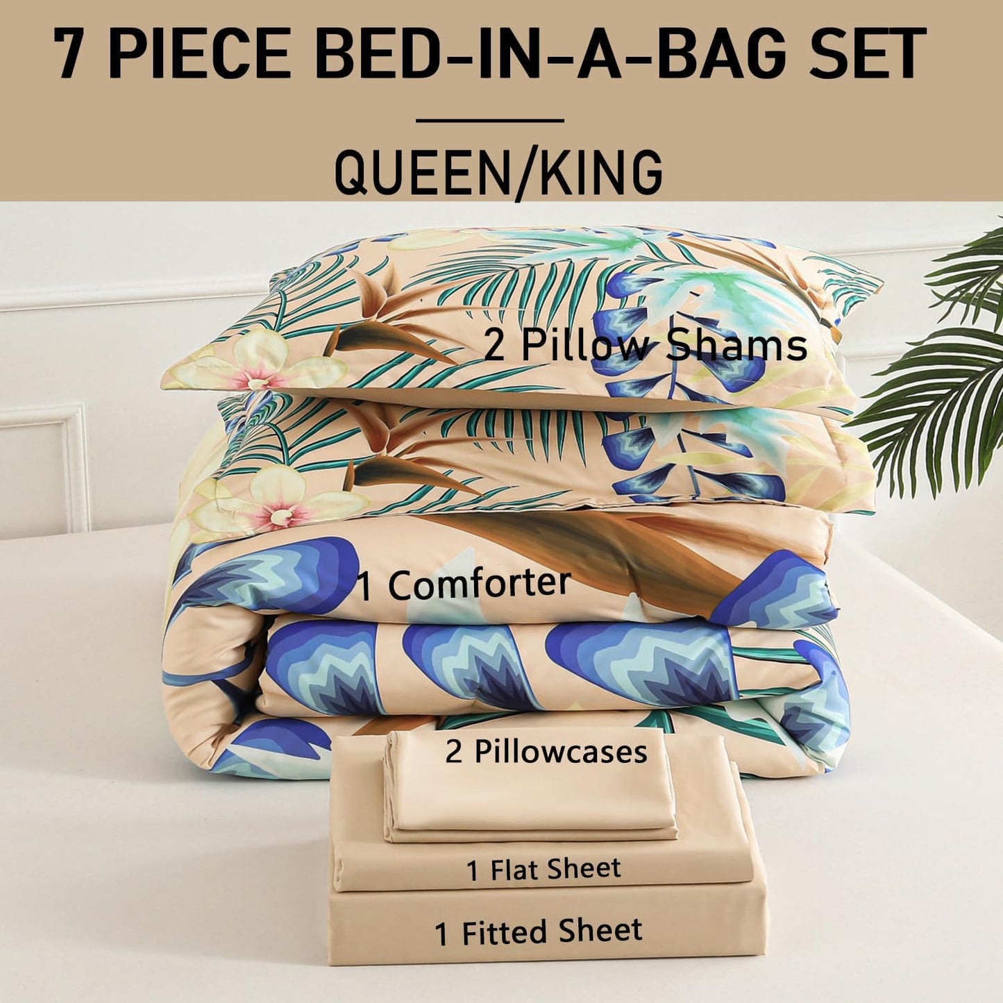 7 Piece Bed in a Bag Queen Size Comforter Set Khaki Bedding Set,Yellow Floral Green Leaves Pattern Reversible Design,Soft Microfiber Comforter with Sheet Set,All Season(Khaki,Queen)
