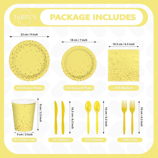168Pcs Yellow and Gold Party Decorations Yellow and Gold Plates and Napkins Bee Lemon Decorations for Wedding Baby Shower Bride Sunflower Birthday Party Supplies Serves 24