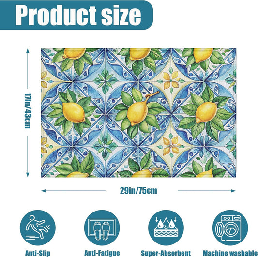 Watercolor Lemon Indoor Door Mat, Vintage Blue Tile Outdoor Entrance Doormat for Entryway Kitchen Bathroom 17 X 29 Inch