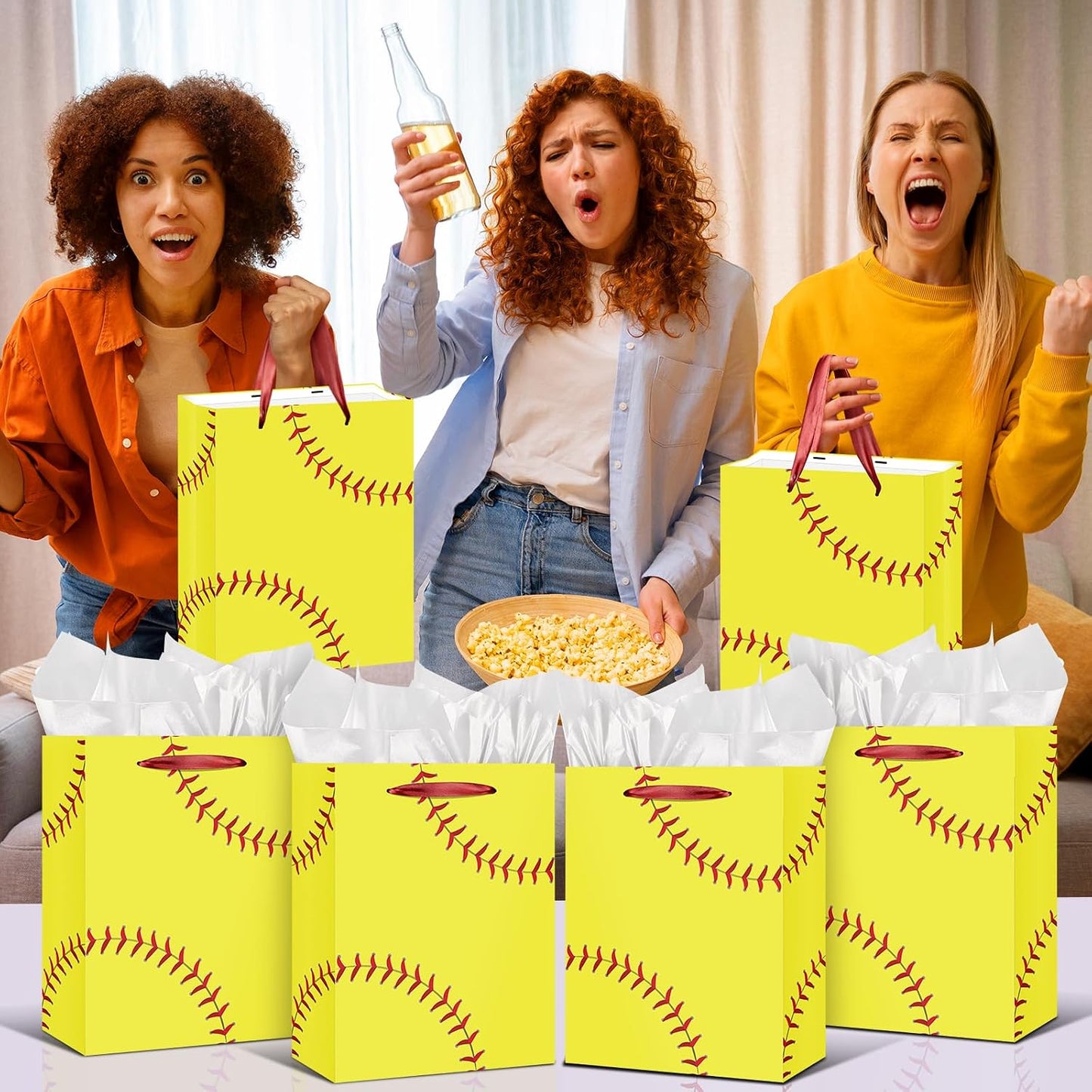 Softball Gift Bag with Tissue Paper and Greeting Card Yellow Softball Theme Birthday Gift Wrapping Bag Decorations for Girls Women Sport Birthday Party Favors Goodie Treat Gifts Wrap Bag Team Supplies